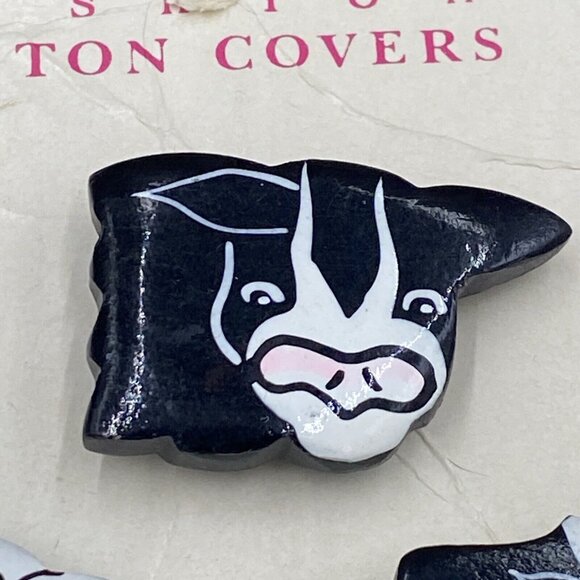 Vintage Set of 6 Cow Button Covers Black White Pink Wood NEW Funny - Picture 6 of 14